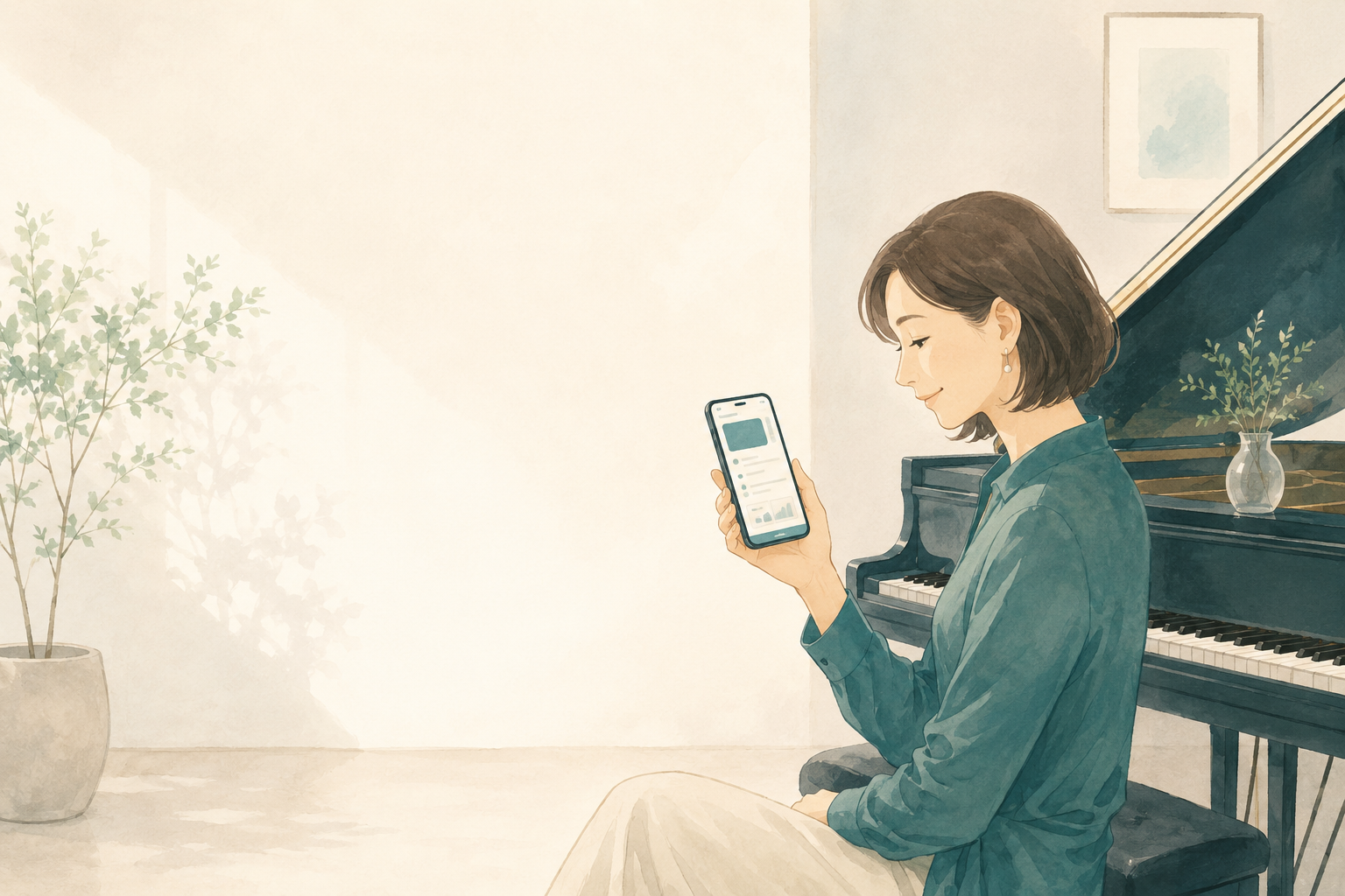 大人の生徒がグランドピアノのそばで、レッスン内容をAIが要約したスマートフォン画面を眺めているイラスト