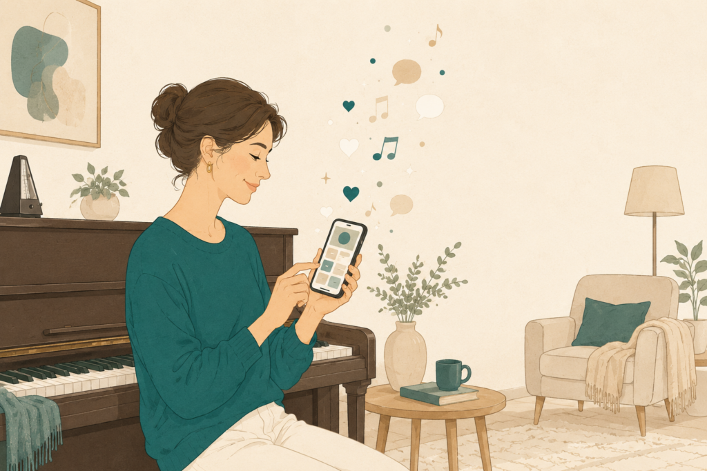自宅のアップライトピアノで練習を終えた大人の女性が、スマートフォンの練習記録アプリに内容を入力している。スマートフォンの周囲には、AIからの励ましを表すハートや音符、吹き出しが浮かび、あたたかく前向きな雰囲気が広がっている。